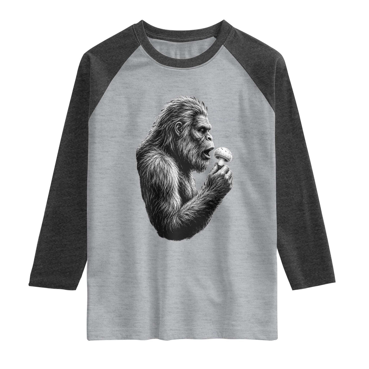 Bigfoot Mushroom Raglan Shirt Vintage Sasquatch Art Mystical Nature Lover Retro