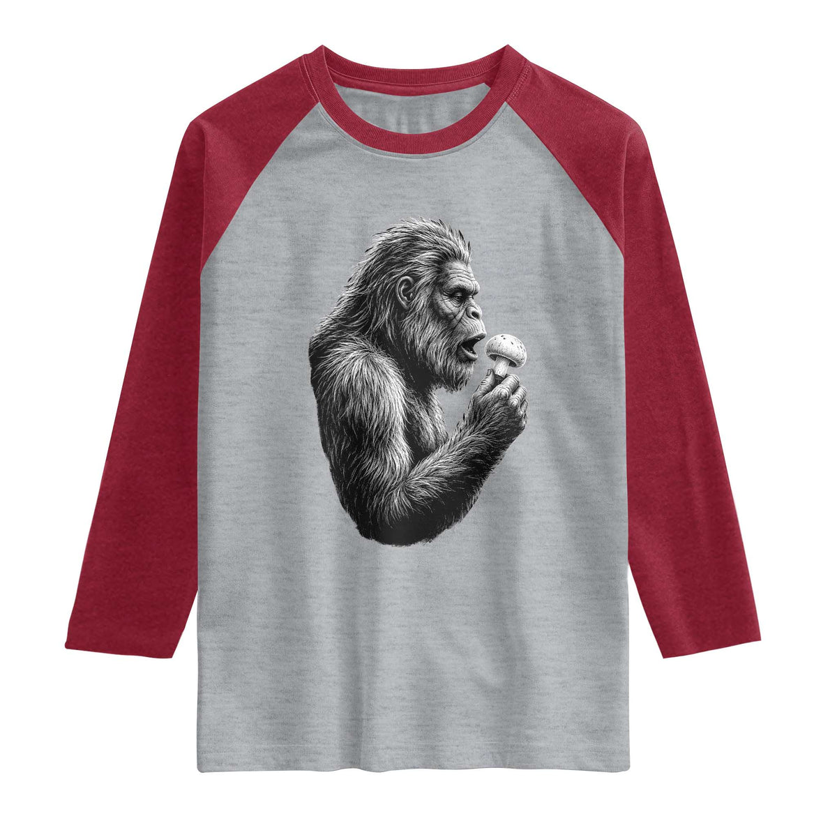 Bigfoot Mushroom Raglan Shirt Vintage Sasquatch Art Mystical Nature Lover Retro