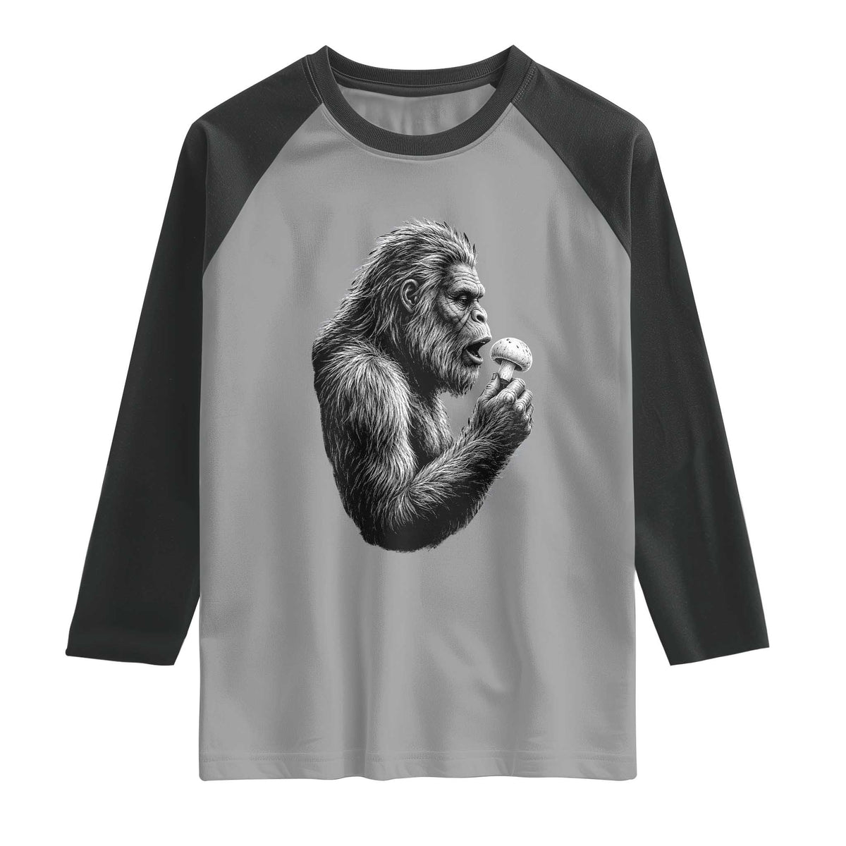 Bigfoot Mushroom Raglan Shirt Vintage Sasquatch Art Mystical Nature Lover Retro