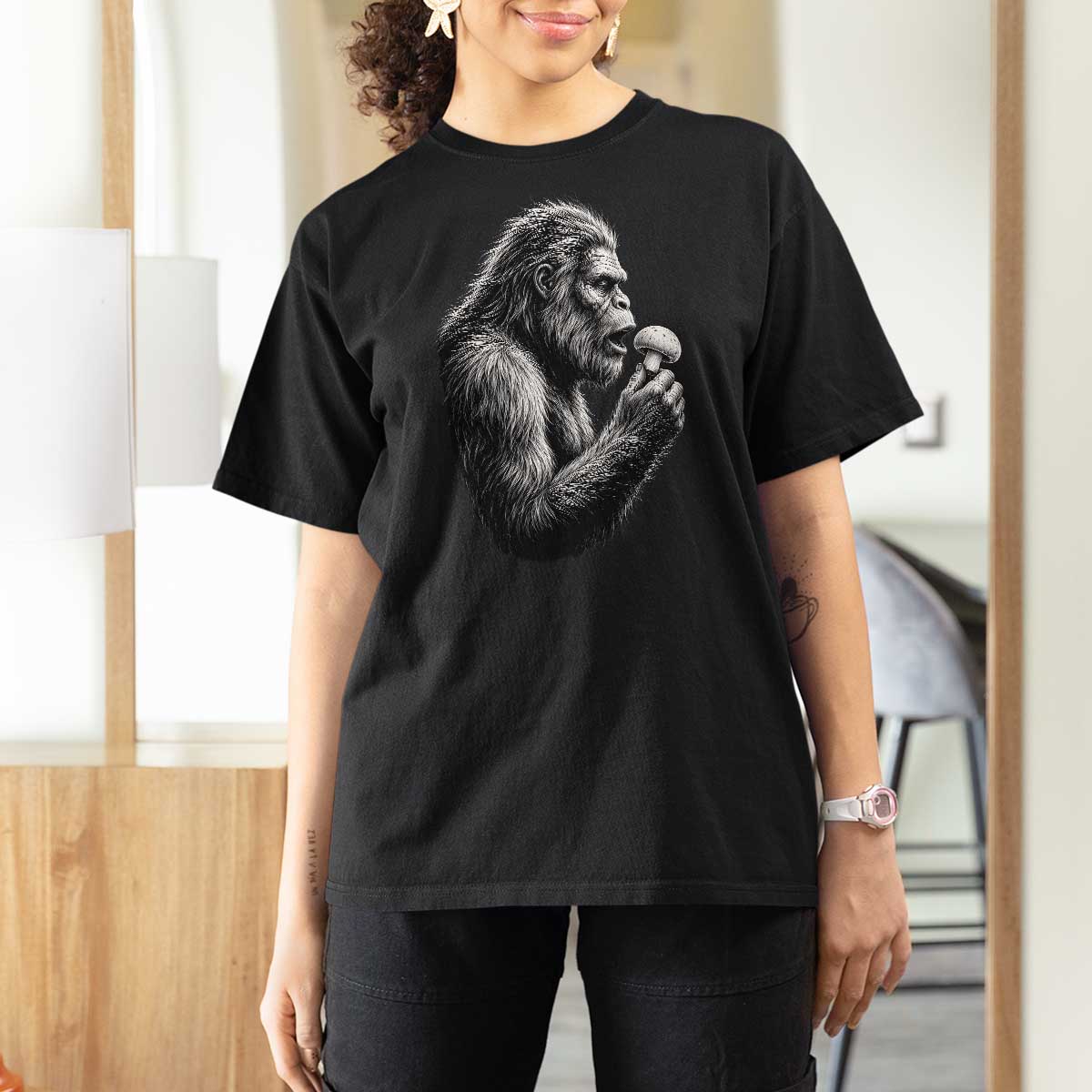 Bigfoot Mushroom T Shirt For Women Vintage Sasquatch Art Mystical Nature Lover Retro