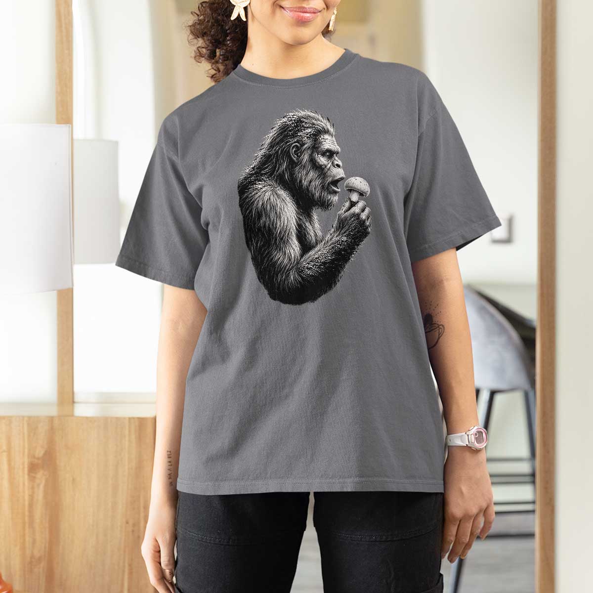 Bigfoot Mushroom T Shirt For Women Vintage Sasquatch Art Mystical Nature Lover Retro