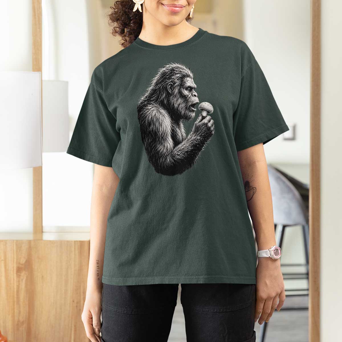 Bigfoot Mushroom T Shirt For Women Vintage Sasquatch Art Mystical Nature Lover Retro
