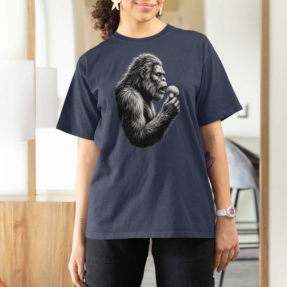 Bigfoot Mushroom T Shirt For Women Vintage Sasquatch Art Mystical Nature Lover Retro
