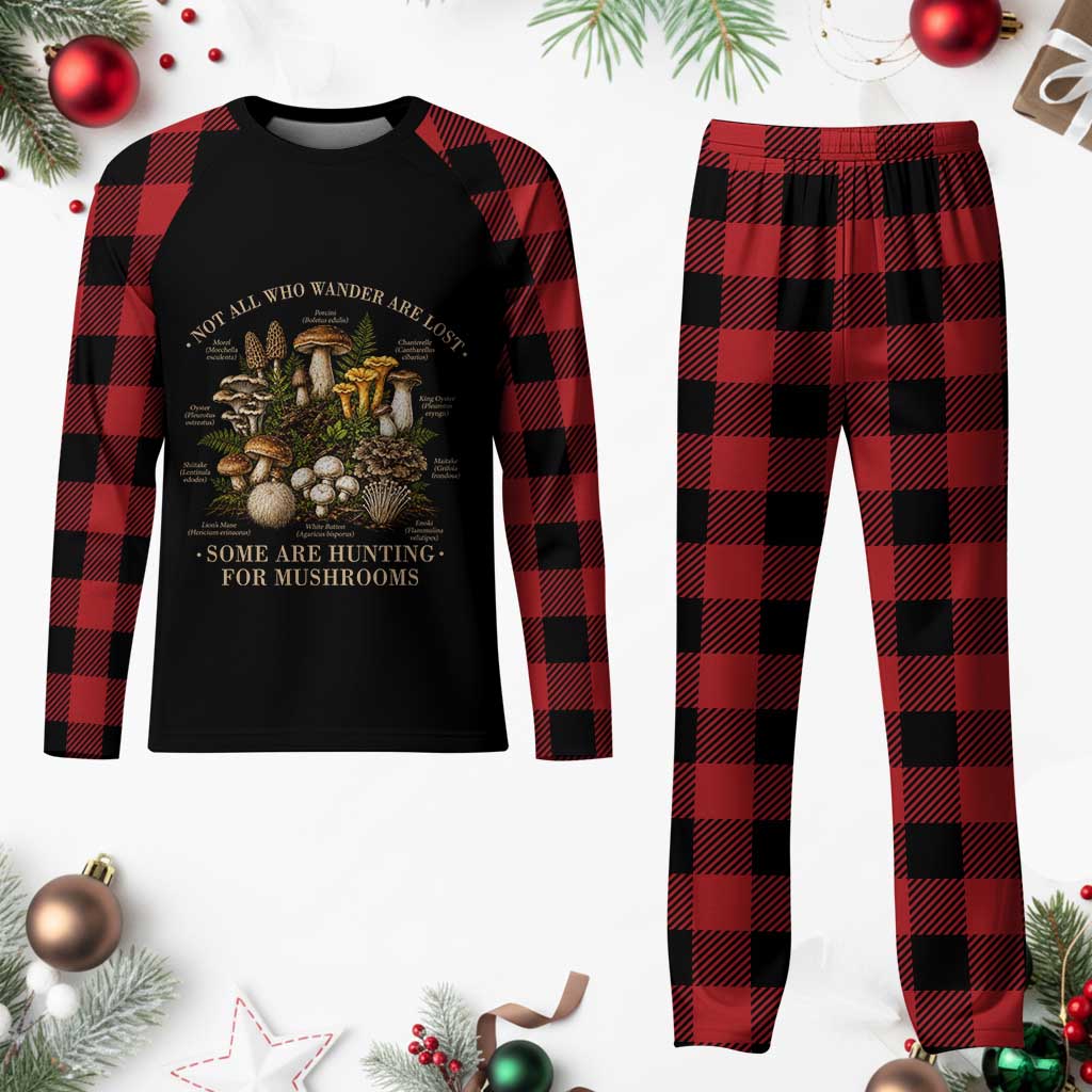 Mushroom Lovers Plaid Pajama Set Not All Who Wander Are Lost Some Are Hunting For Mushrooms Vintage Botanical Graphic