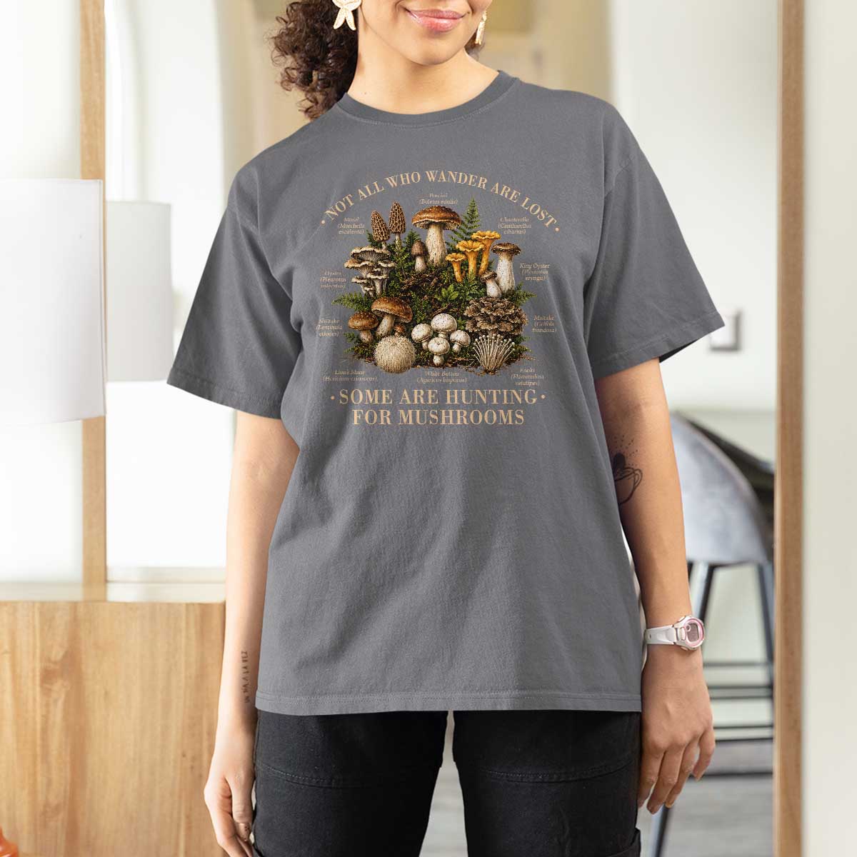 Mushroom Lovers T Shirt For Women Not All Who Wander Are Lost Some Are Hunting For Mushrooms Vintage Botanical Graphic