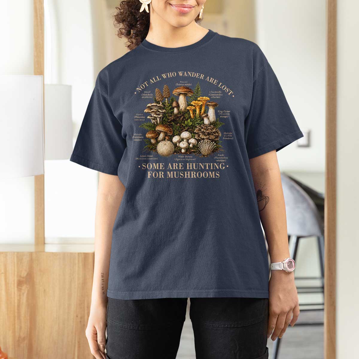 Mushroom Lovers T Shirt For Women Not All Who Wander Are Lost Some Are Hunting For Mushrooms Vintage Botanical Graphic