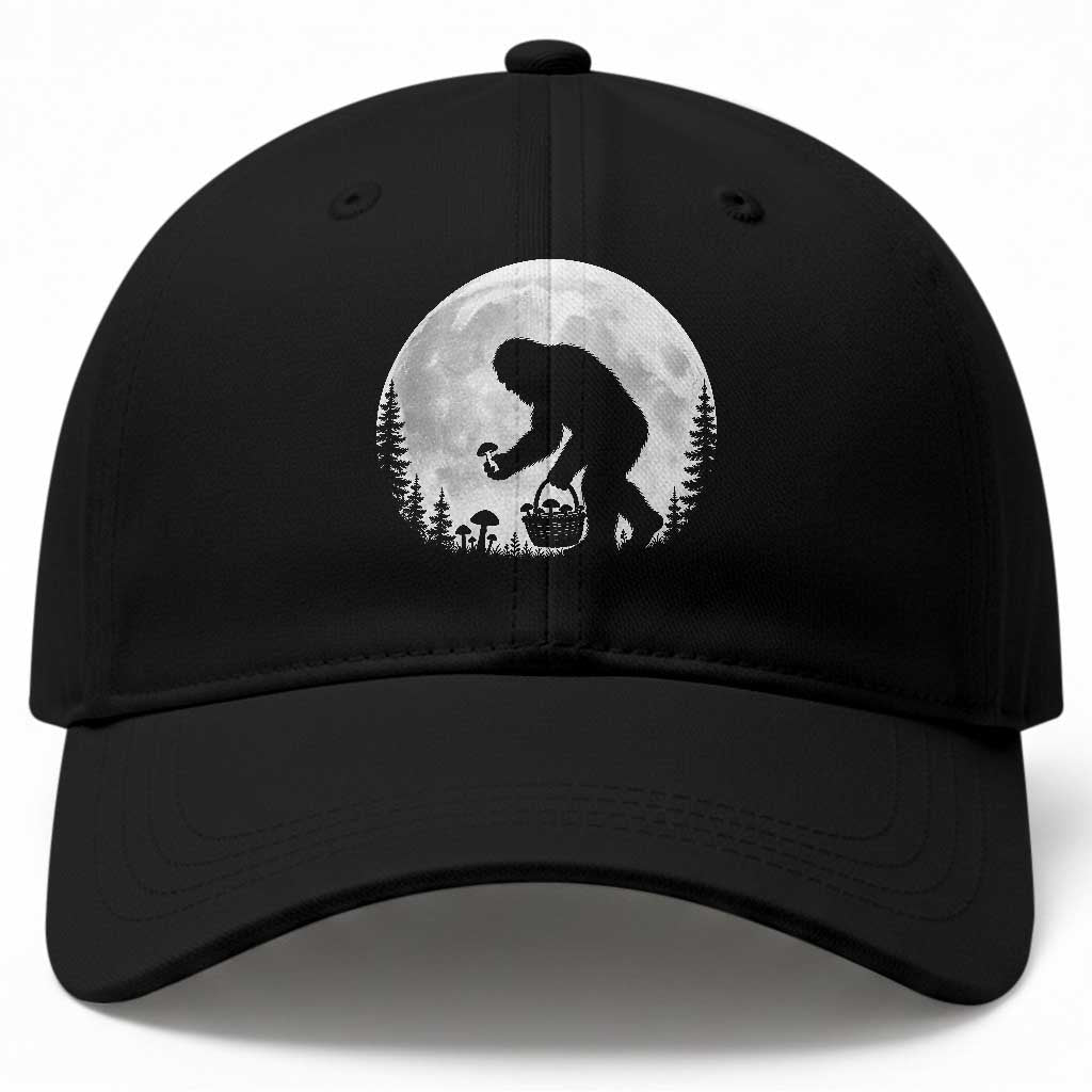 Bigfoot Mushroom Hunter Baseball Cap Vintage Sasquatch Art Mystical Nature Lover Retro Full Moon
