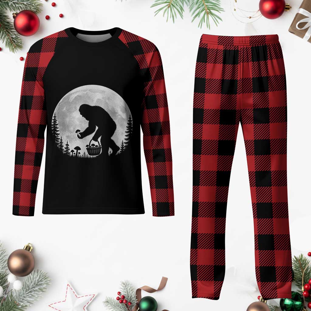 Bigfoot Mushroom Hunter Plaid Pajama Set Vintage Sasquatch Art Mystical Nature Lover Retro Full Moon