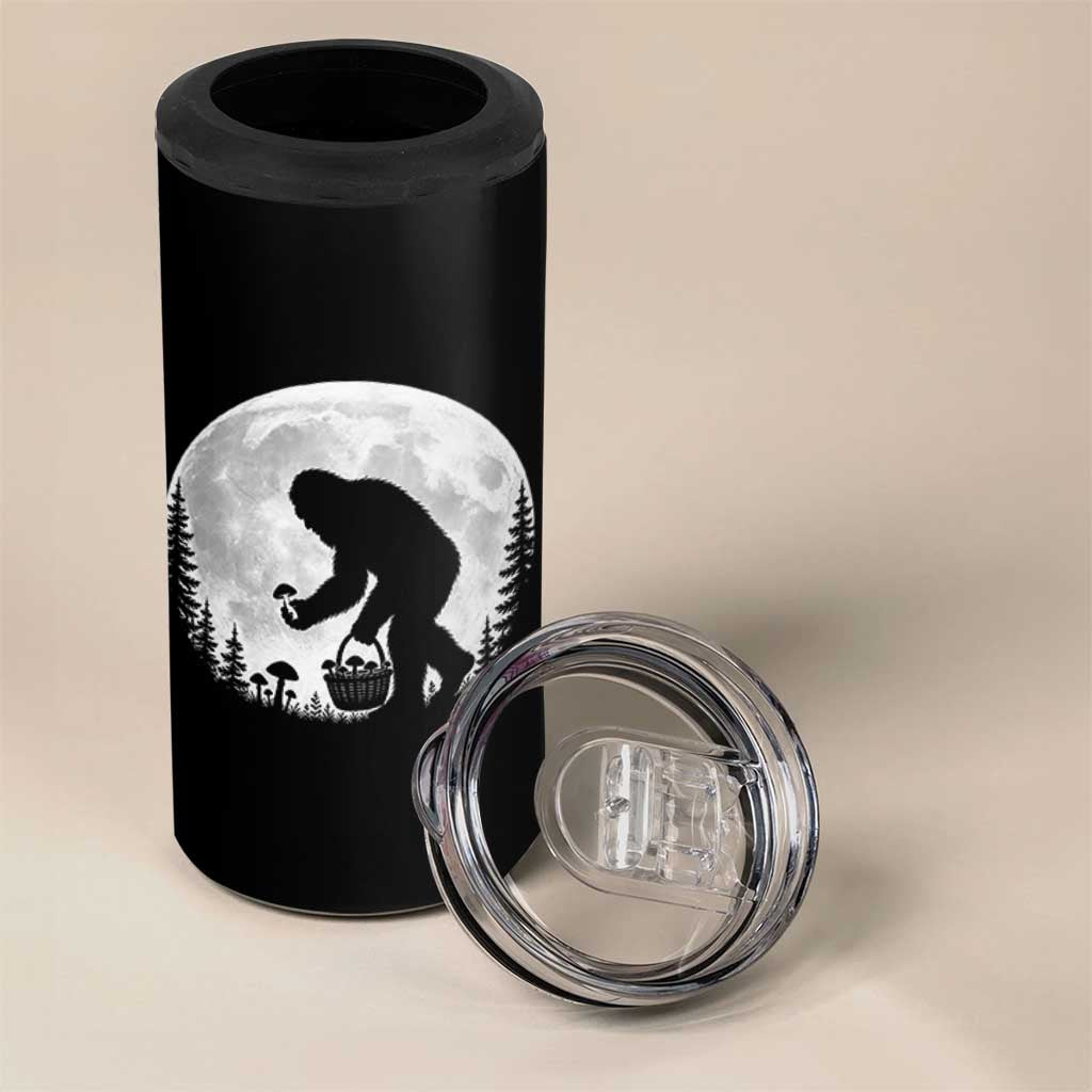 Bigfoot Mushroom Hunter 4 in 1 Can Cooler Tumbler Vintage Sasquatch Art Mystical Nature Lover Retro Full Moon