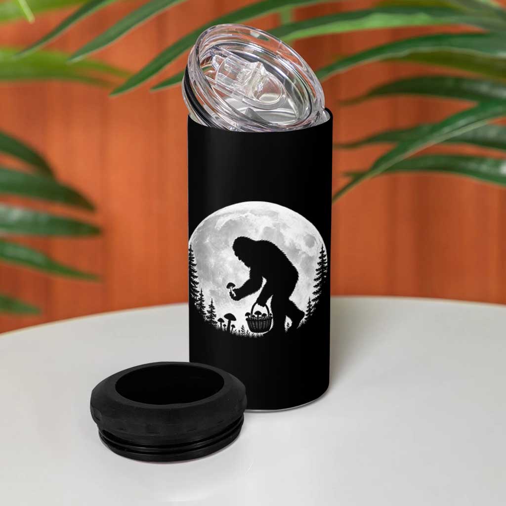 Bigfoot Mushroom Hunter 4 in 1 Can Cooler Tumbler Vintage Sasquatch Art Mystical Nature Lover Retro Full Moon