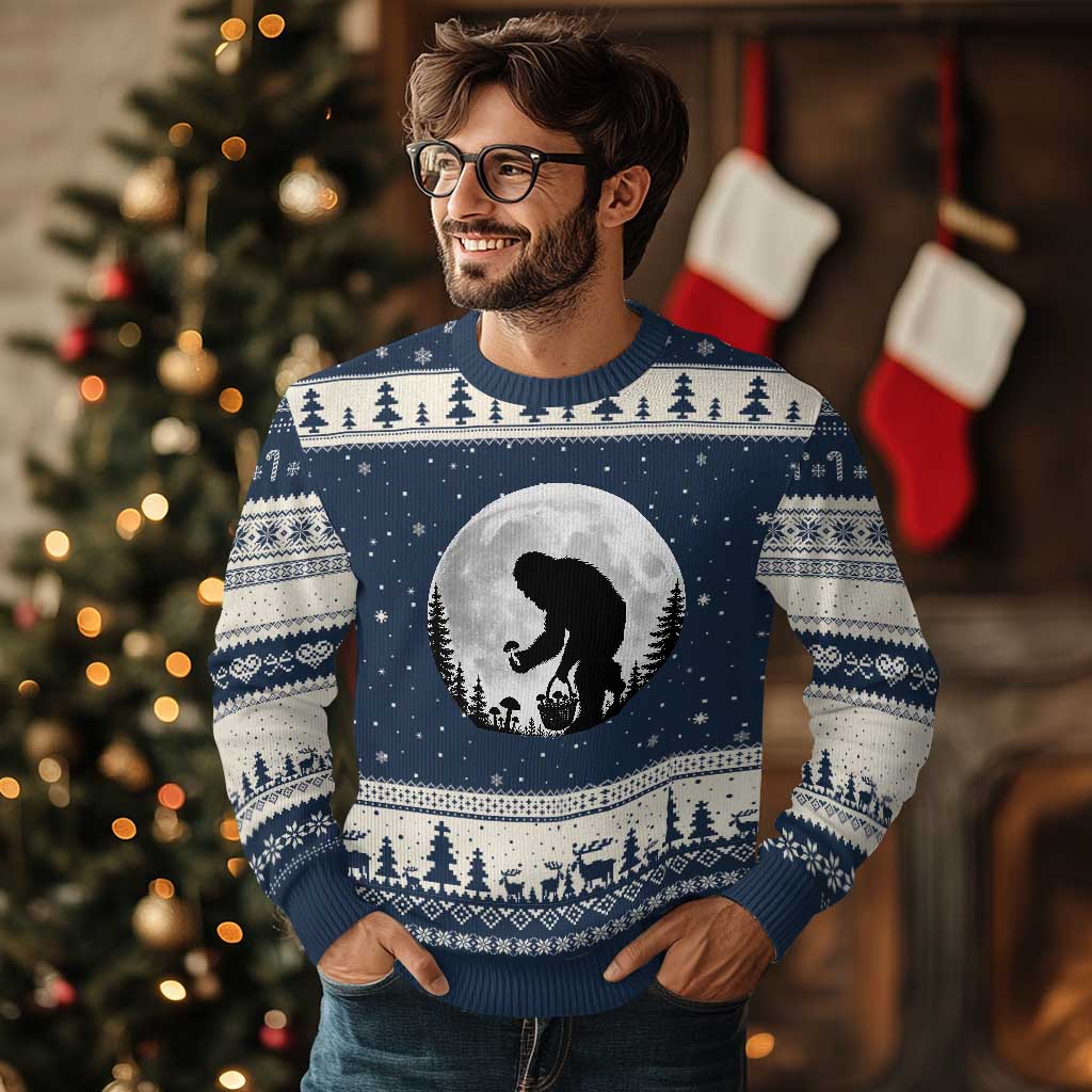 Bigfoot Mushroom Hunter Ugly Christmas Sweater Vintage Sasquatch Art Mystical Nature Lover Retro Full Moon