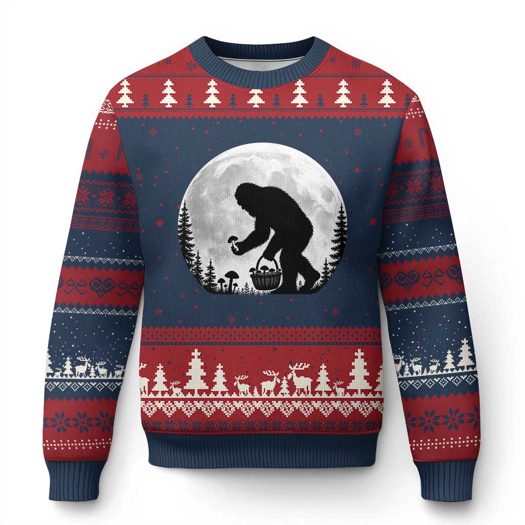 Bigfoot Mushroom Hunter Ugly Christmas Sweater Vintage Sasquatch Art Mystical Nature Lover Retro Full Moon