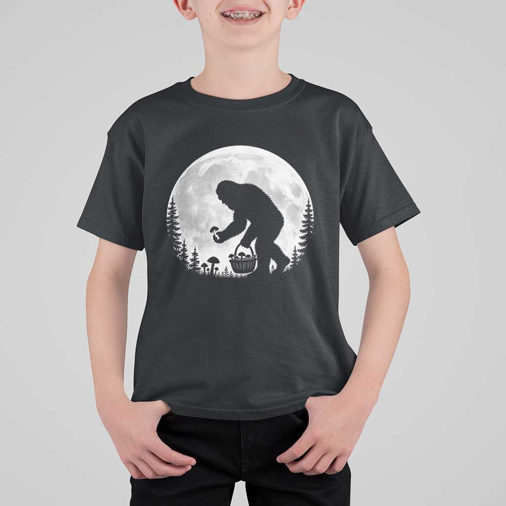 Bigfoot Mushroom Hunter T Shirt For Kid Vintage Sasquatch Art Mystical Nature Lover Retro Full Moon