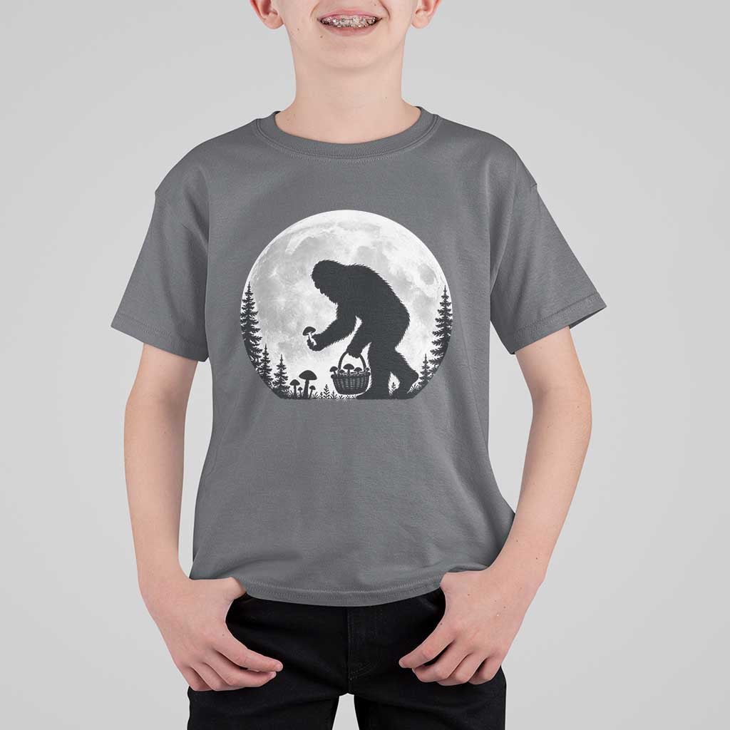 Bigfoot Mushroom Hunter T Shirt For Kid Vintage Sasquatch Art Mystical Nature Lover Retro Full Moon