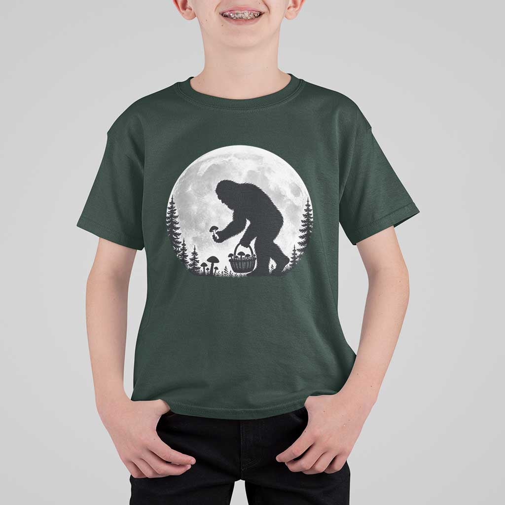 Bigfoot Mushroom Hunter T Shirt For Kid Vintage Sasquatch Art Mystical Nature Lover Retro Full Moon