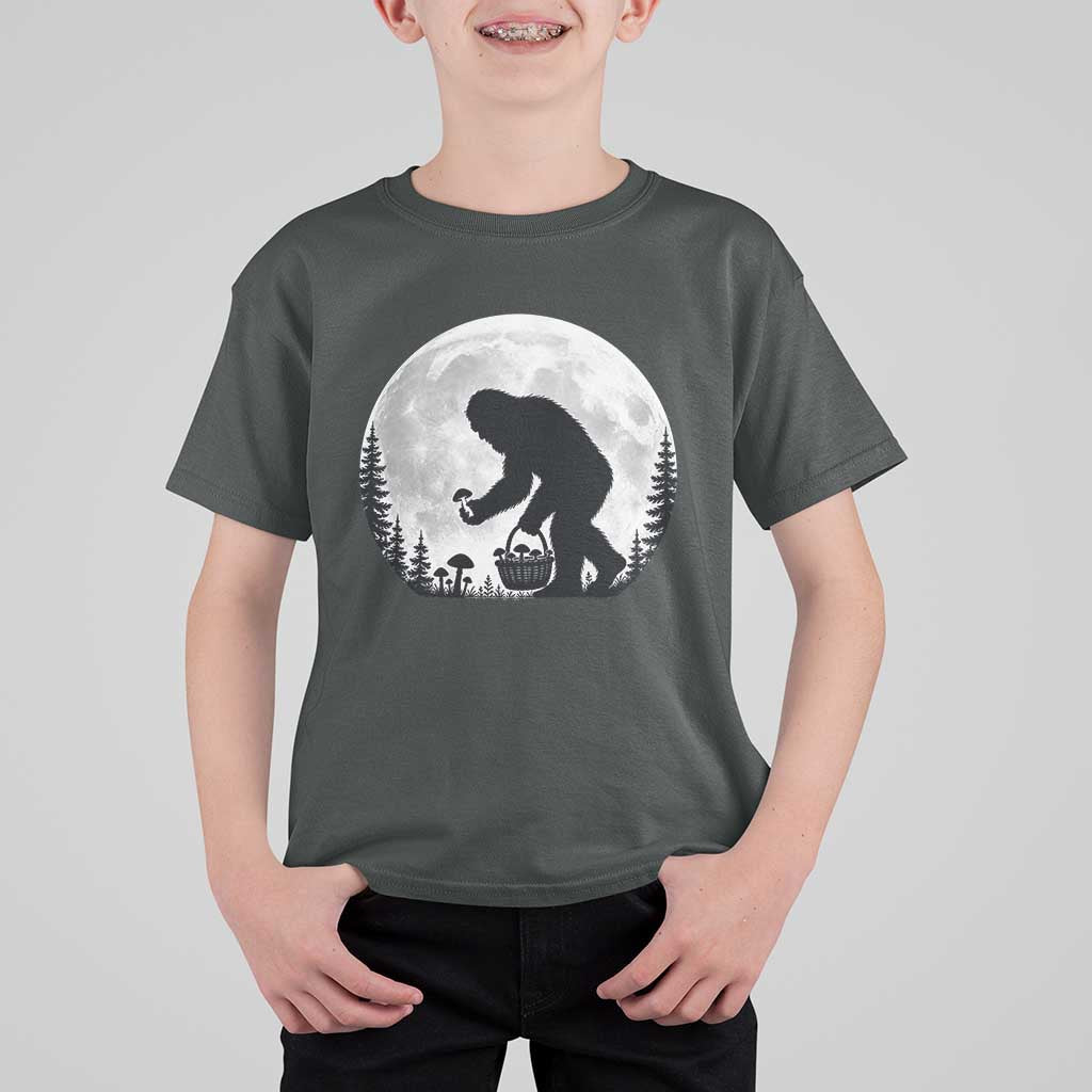 Bigfoot Mushroom Hunter T Shirt For Kid Vintage Sasquatch Art Mystical Nature Lover Retro Full Moon