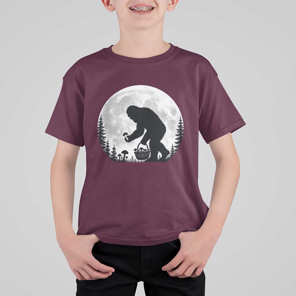 Bigfoot Mushroom Hunter T Shirt For Kid Vintage Sasquatch Art Mystical Nature Lover Retro Full Moon