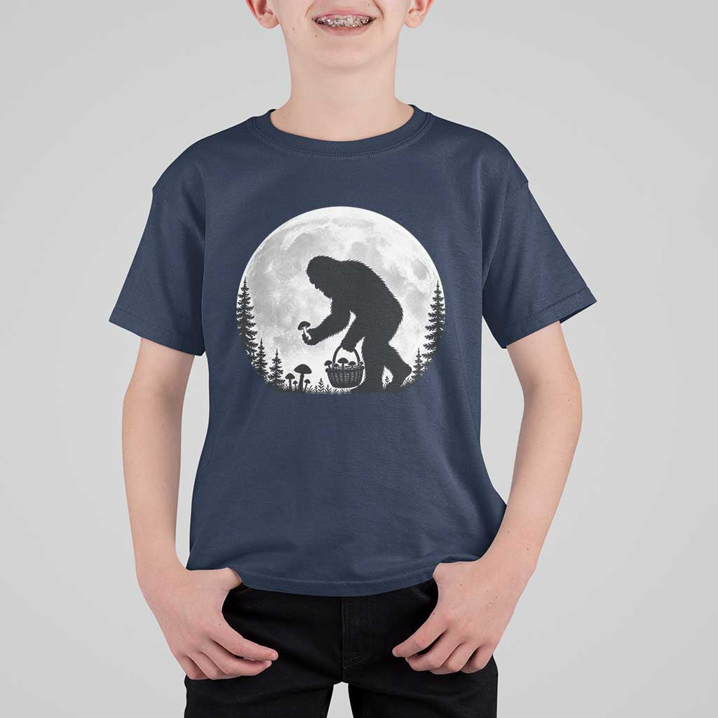 Bigfoot Mushroom Hunter T Shirt For Kid Vintage Sasquatch Art Mystical Nature Lover Retro Full Moon