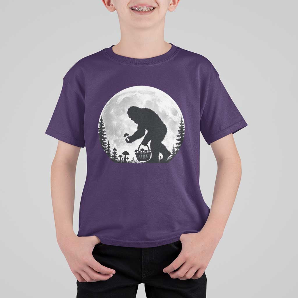 Bigfoot Mushroom Hunter T Shirt For Kid Vintage Sasquatch Art Mystical Nature Lover Retro Full Moon