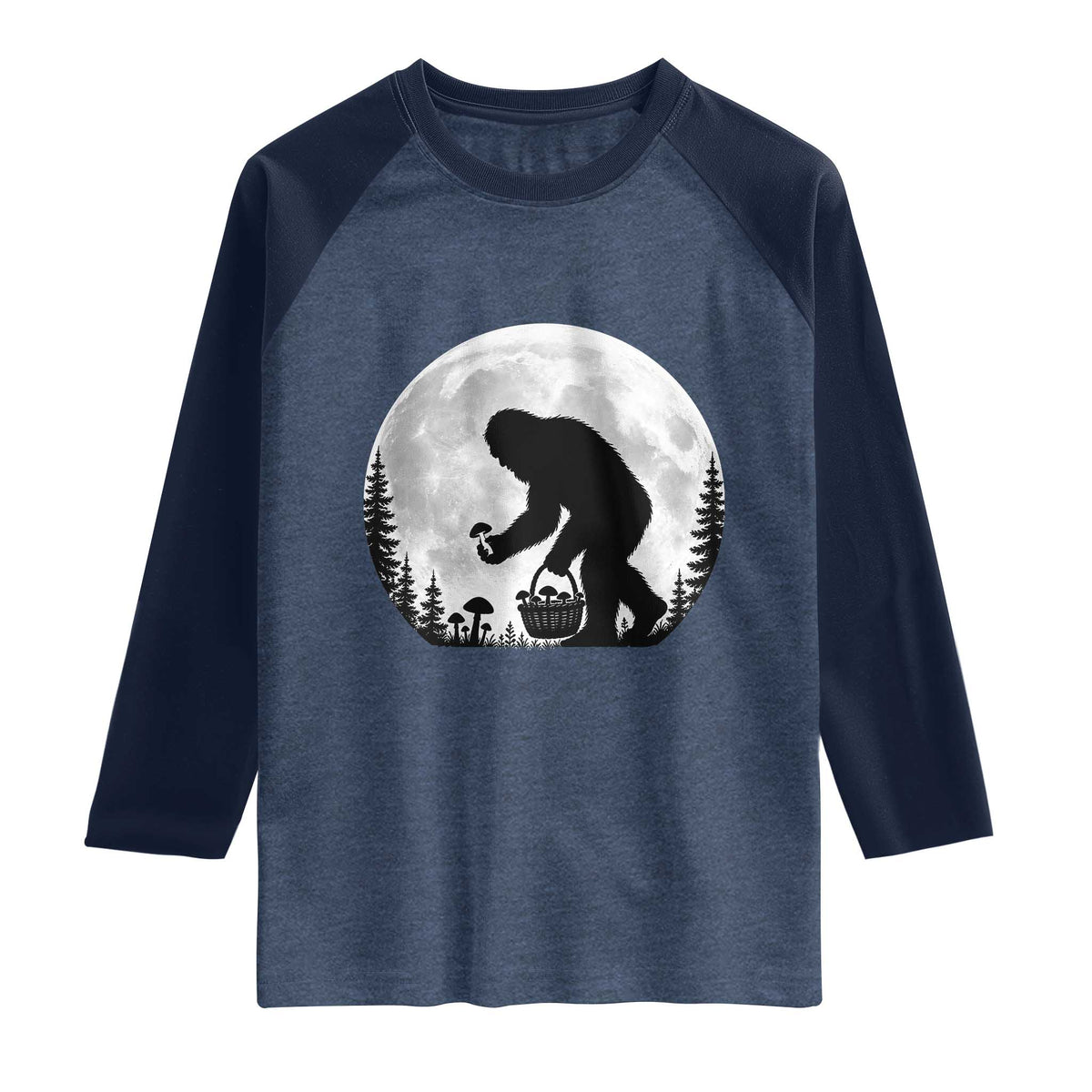 Bigfoot Mushroom Hunter Raglan Shirt Vintage Sasquatch Art Mystical Nature Lover Retro Full Moon