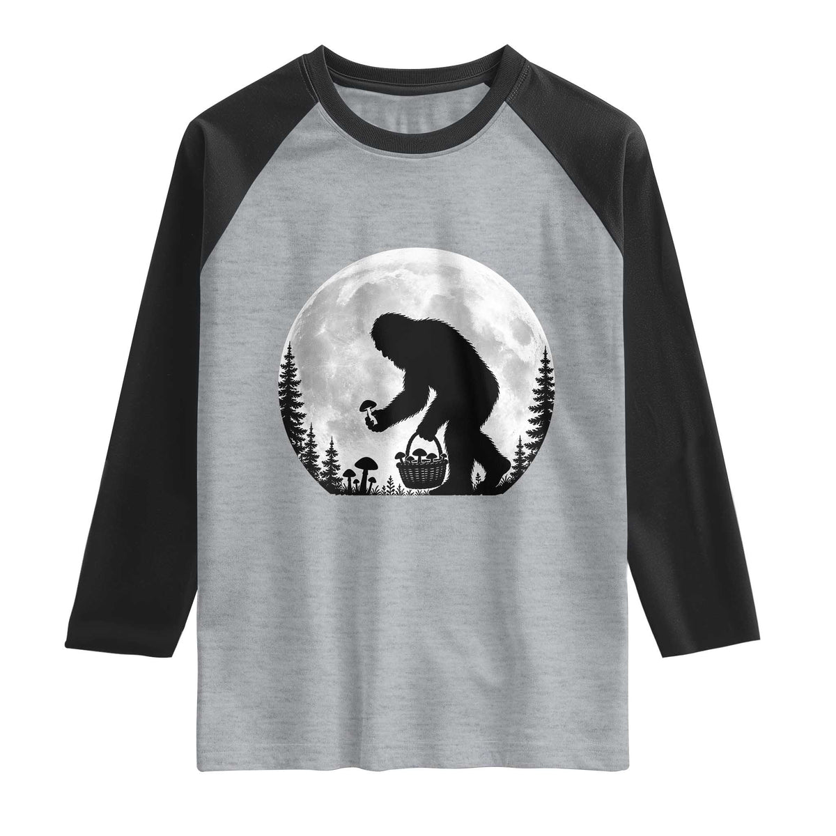Bigfoot Mushroom Hunter Raglan Shirt Vintage Sasquatch Art Mystical Nature Lover Retro Full Moon