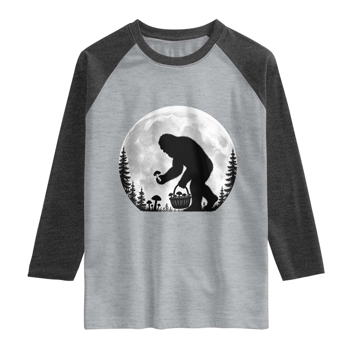 Bigfoot Mushroom Hunter Raglan Shirt Vintage Sasquatch Art Mystical Nature Lover Retro Full Moon