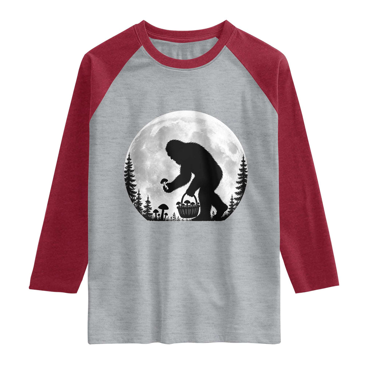 Bigfoot Mushroom Hunter Raglan Shirt Vintage Sasquatch Art Mystical Nature Lover Retro Full Moon