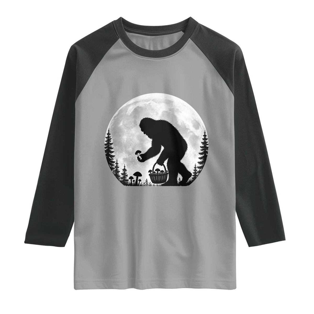 Bigfoot Mushroom Hunter Raglan Shirt Vintage Sasquatch Art Mystical Nature Lover Retro Full Moon