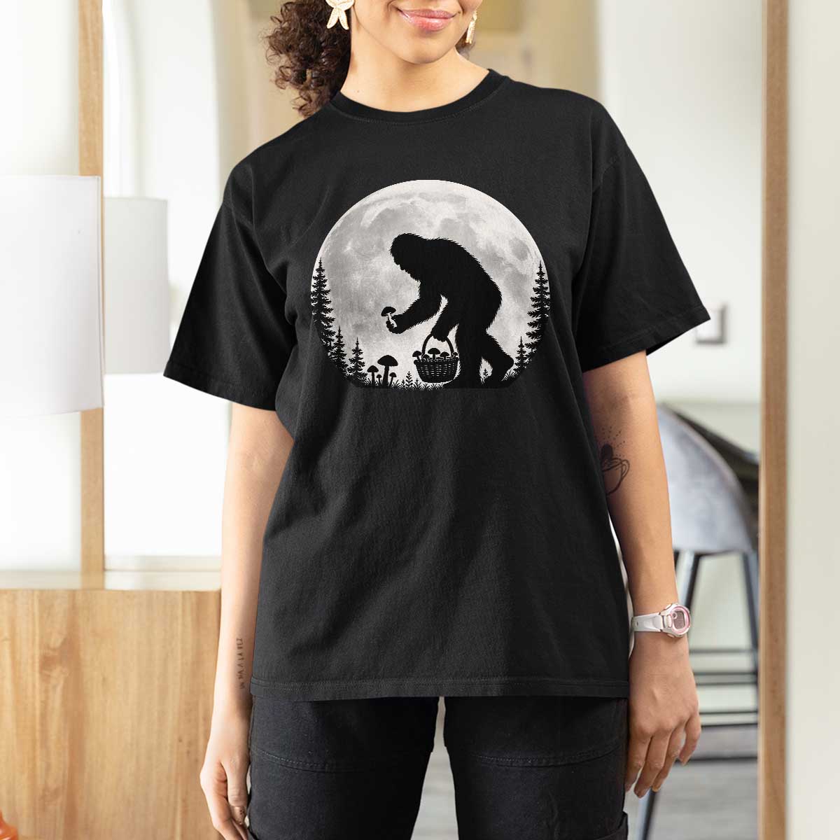 Bigfoot Mushroom Hunter T Shirt For Women Vintage Sasquatch Art Mystical Nature Lover Retro Full Moon
