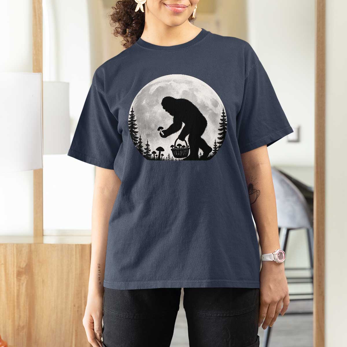 Bigfoot Mushroom Hunter T Shirt For Women Vintage Sasquatch Art Mystical Nature Lover Retro Full Moon