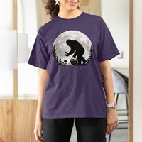Bigfoot Mushroom Hunter T Shirt For Women Vintage Sasquatch Art Mystical Nature Lover Retro Full Moon