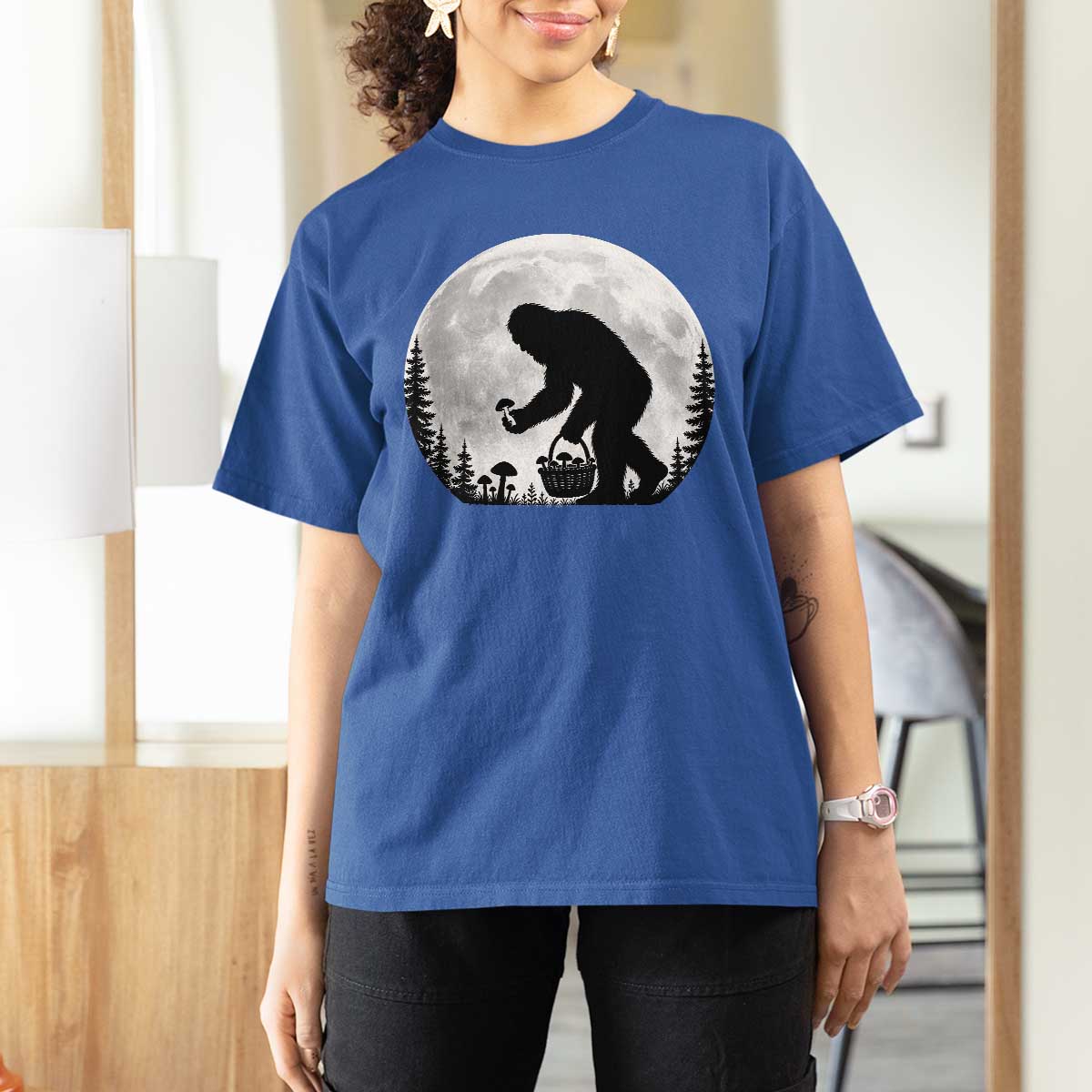Bigfoot Mushroom Hunter T Shirt For Women Vintage Sasquatch Art Mystical Nature Lover Retro Full Moon