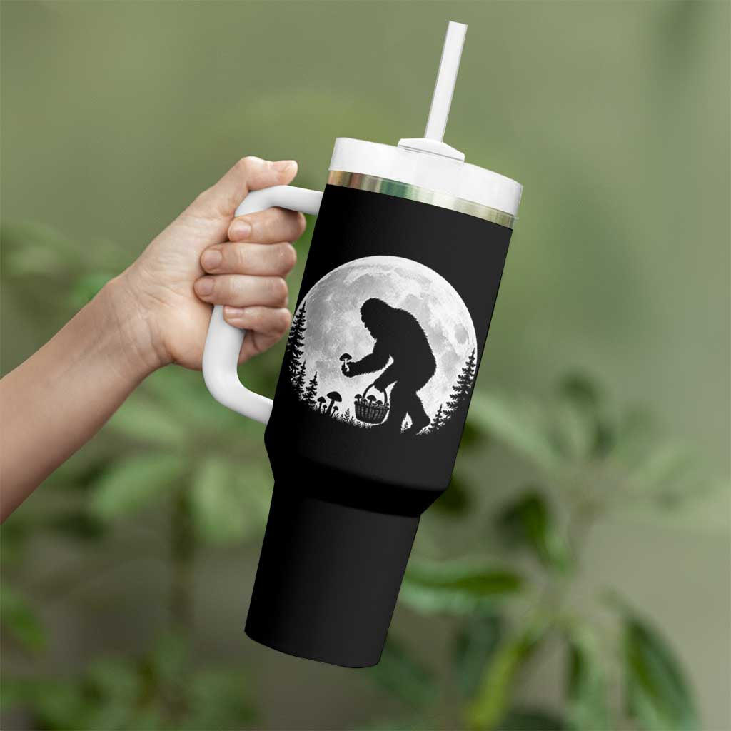 Bigfoot Mushroom Hunter Tumbler With Handle Vintage Sasquatch Art Mystical Nature Lover Retro Full Moon