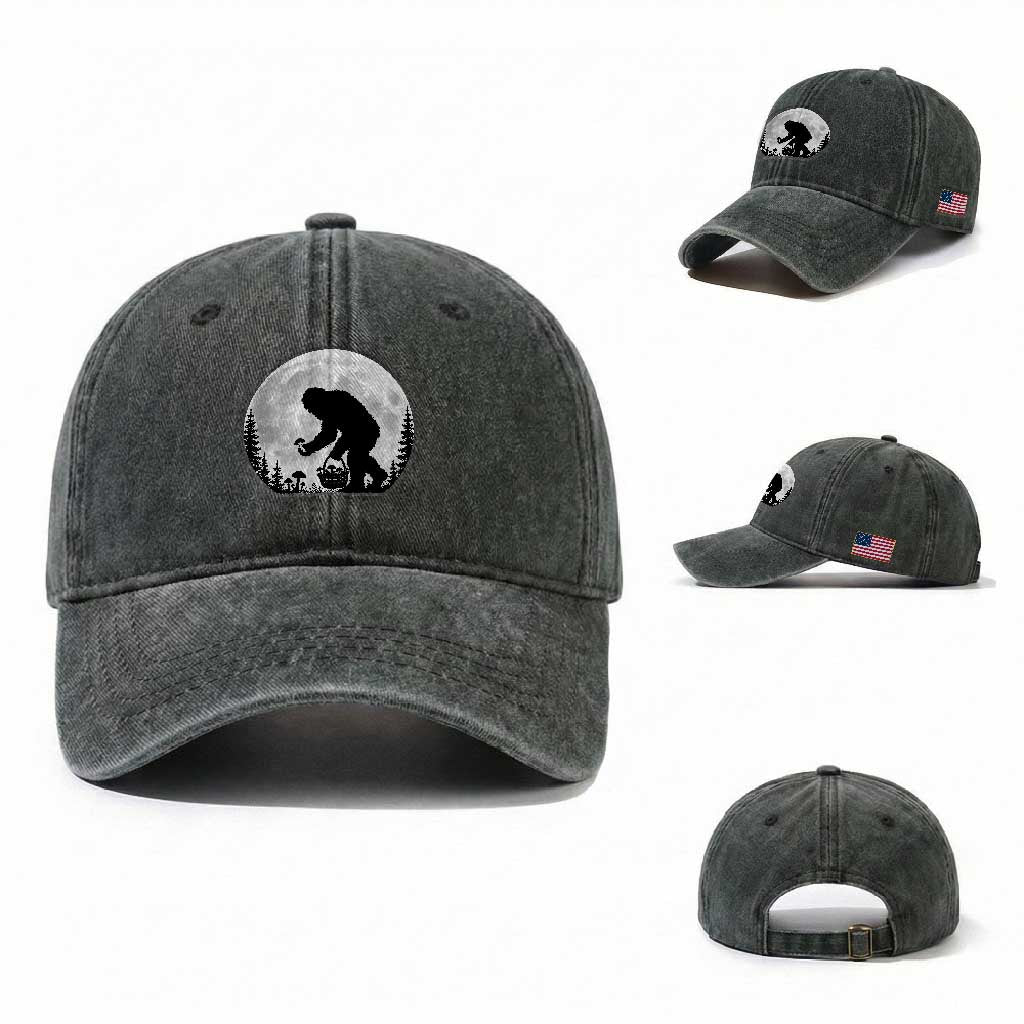 Bigfoot Mushroom Hunter Washed Cotton Baseball Cap Vintage Sasquatch Art Mystical Nature Lover Retro Full Moon