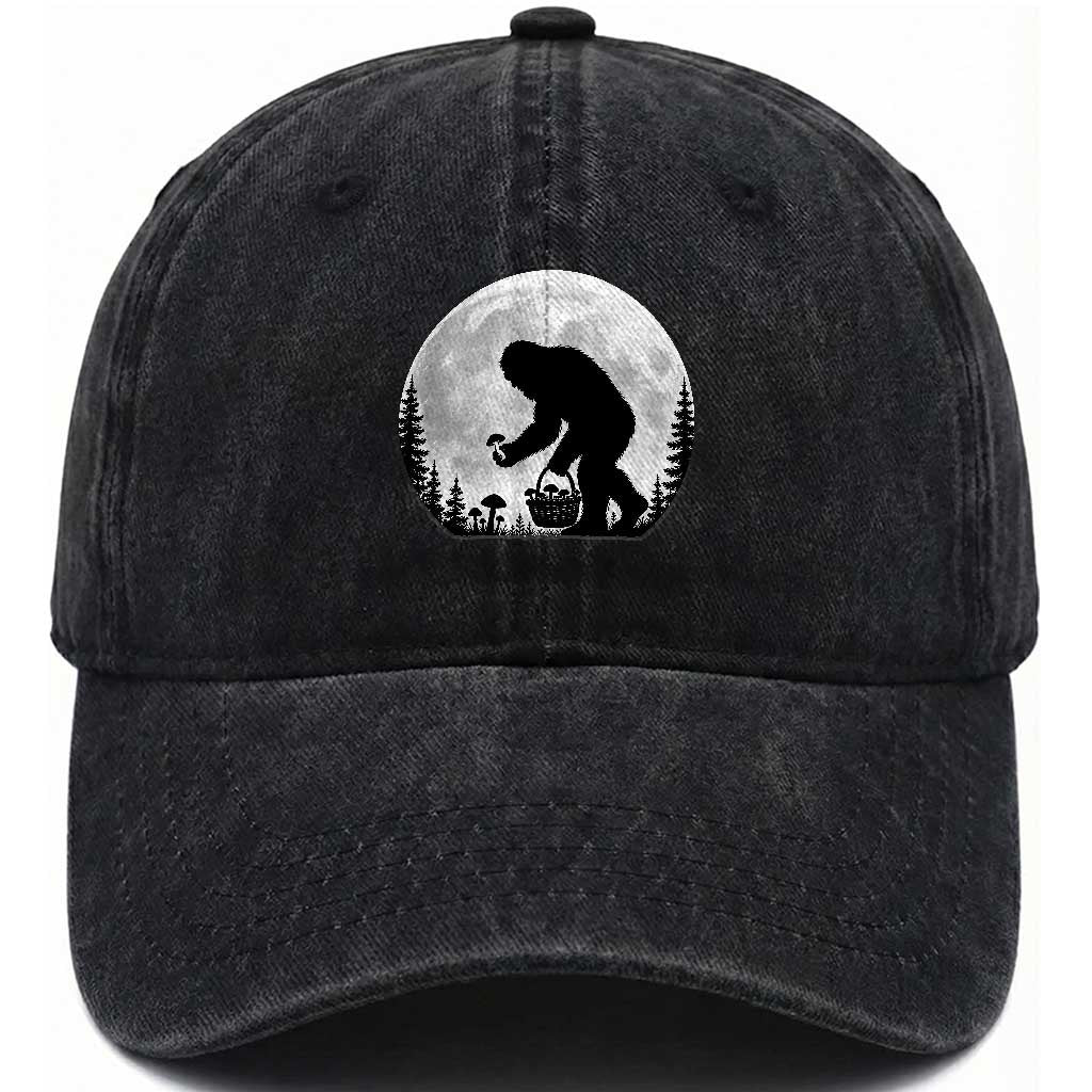 Bigfoot Mushroom Hunter Washed Cotton Baseball Cap Vintage Sasquatch Art Mystical Nature Lover Retro Full Moon