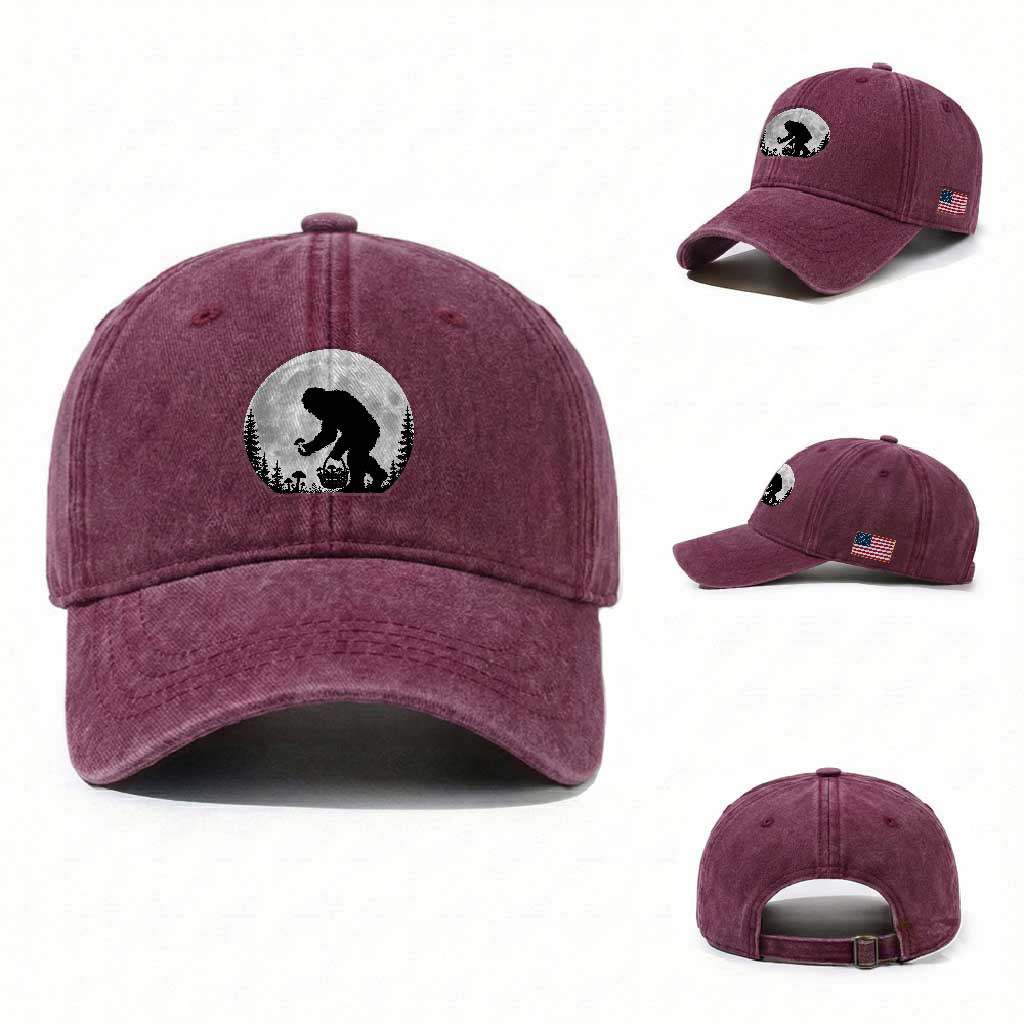 Bigfoot Mushroom Hunter Washed Cotton Baseball Cap Vintage Sasquatch Art Mystical Nature Lover Retro Full Moon