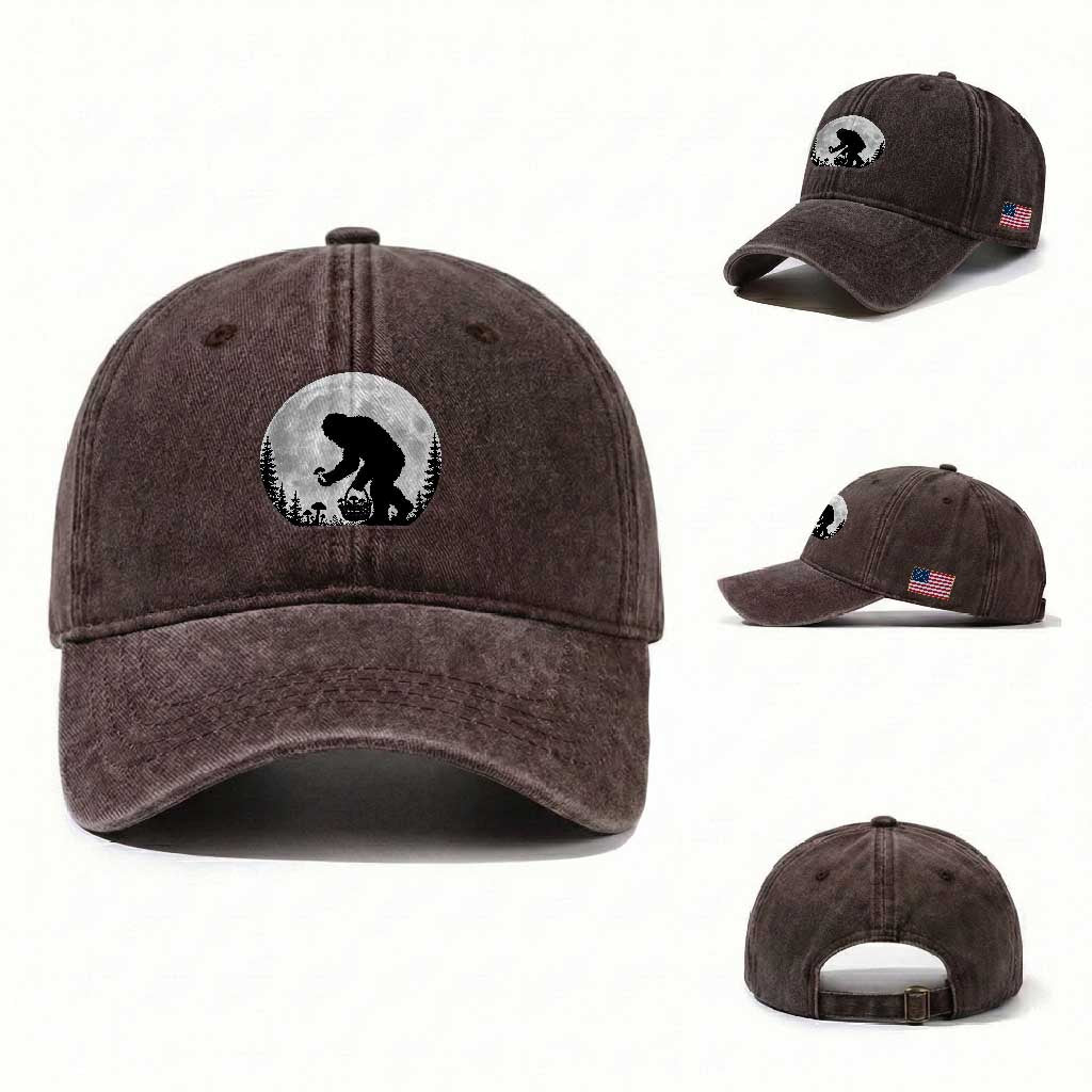 Bigfoot Mushroom Hunter Washed Cotton Baseball Cap Vintage Sasquatch Art Mystical Nature Lover Retro Full Moon