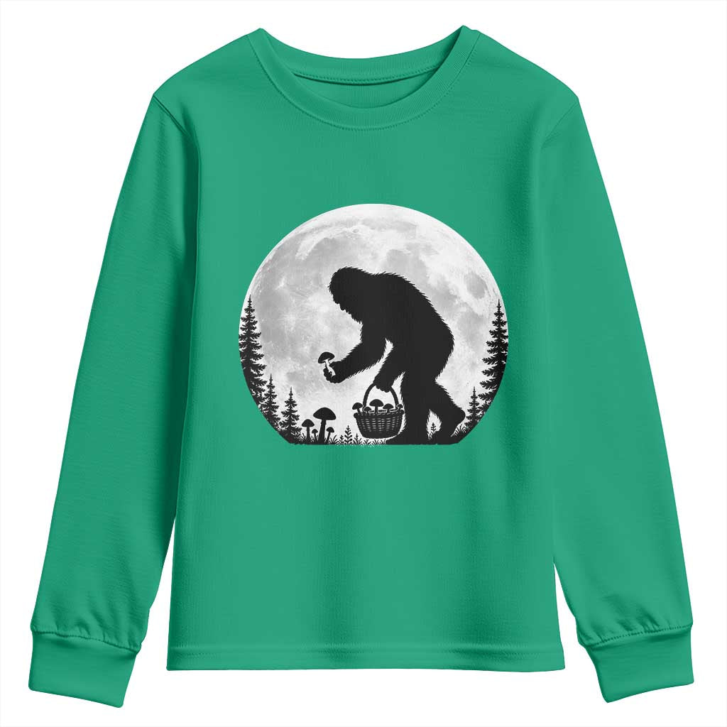 Bigfoot Mushroom Hunter Youth Sweatshirt Vintage Sasquatch Art Mystical Nature Lover Retro Full Moon