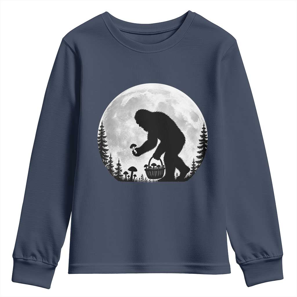 Bigfoot Mushroom Hunter Youth Sweatshirt Vintage Sasquatch Art Mystical Nature Lover Retro Full Moon