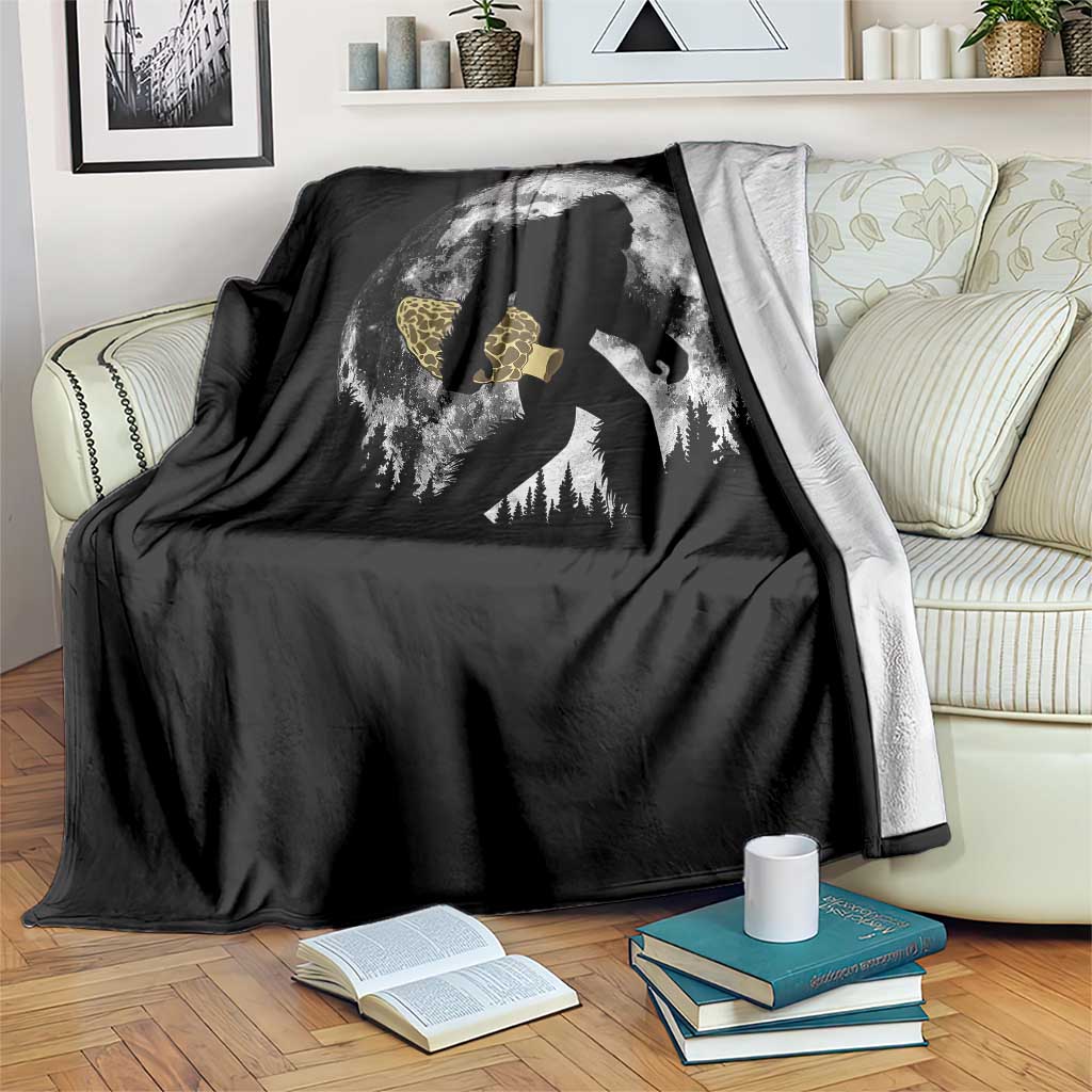 Bigfoot with Morel Mushroom Throw Blanket Sasquatch Fungi Full Moon Silhouette Graphic