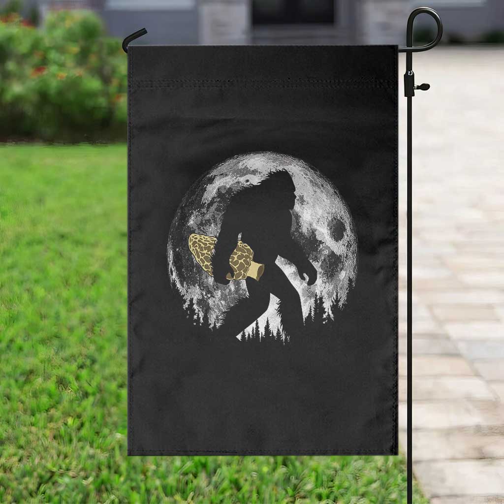 Bigfoot with Morel Mushroom Garden Flag Sasquatch Fungi Full Moon Silhouette Graphic