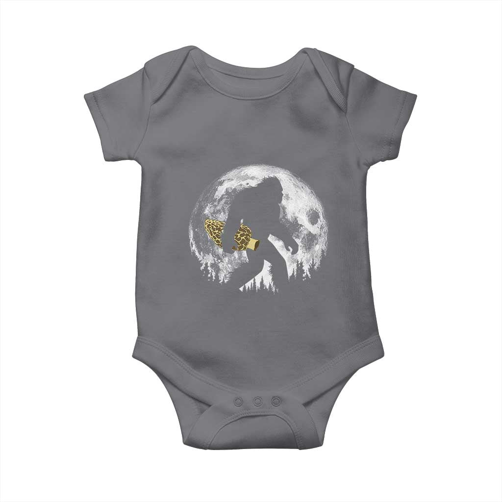 Bigfoot with Morel Mushroom Baby Onesie Sasquatch Fungi Full Moon Silhouette Graphic