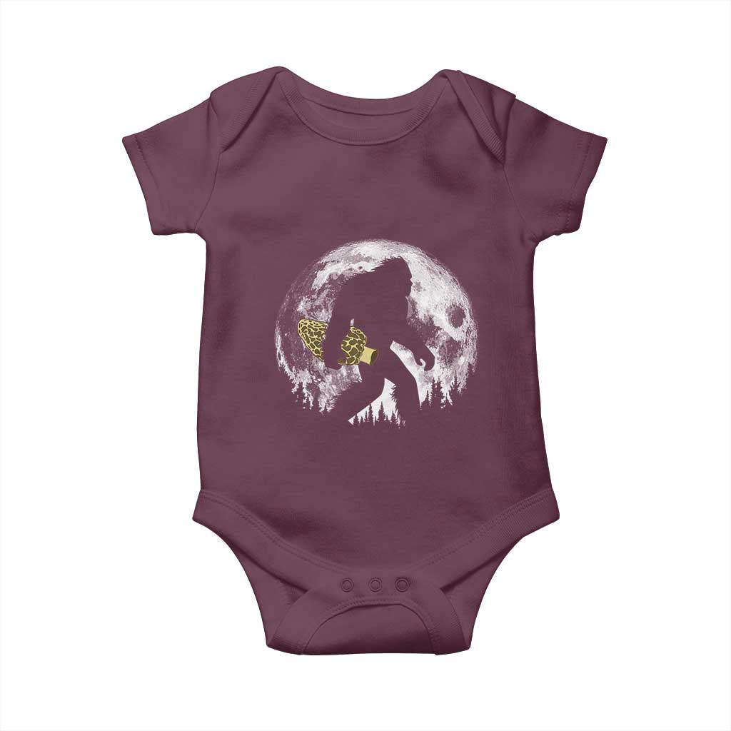 Bigfoot with Morel Mushroom Baby Onesie Sasquatch Fungi Full Moon Silhouette Graphic