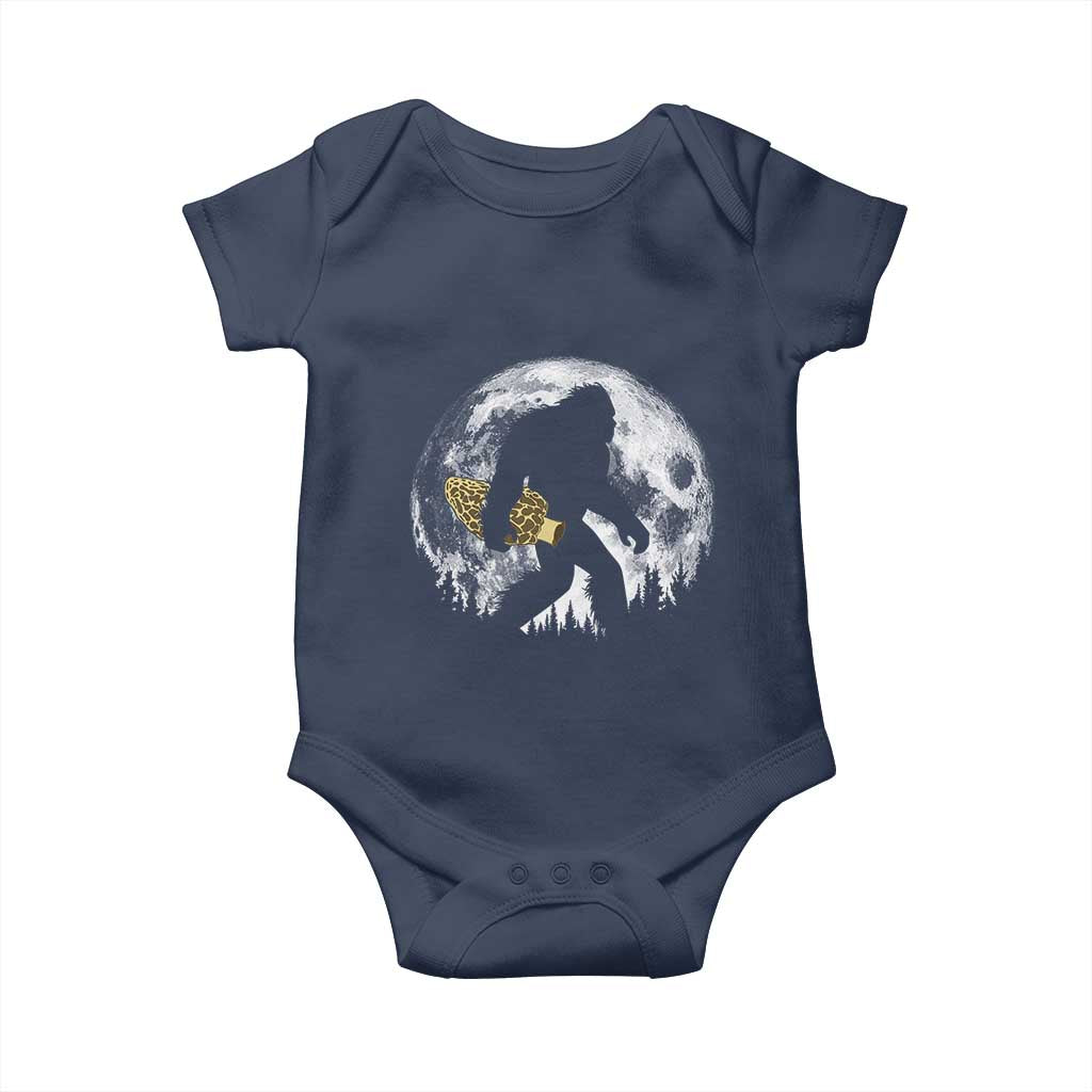Bigfoot with Morel Mushroom Baby Onesie Sasquatch Fungi Full Moon Silhouette Graphic