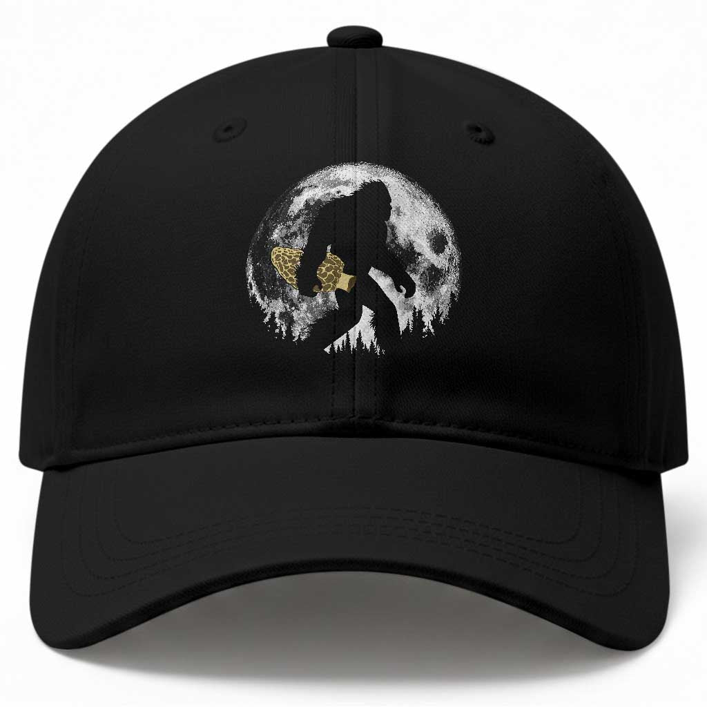Bigfoot with Morel Mushroom Baseball Cap Sasquatch Fungi Full Moon Silhouette Graphic
