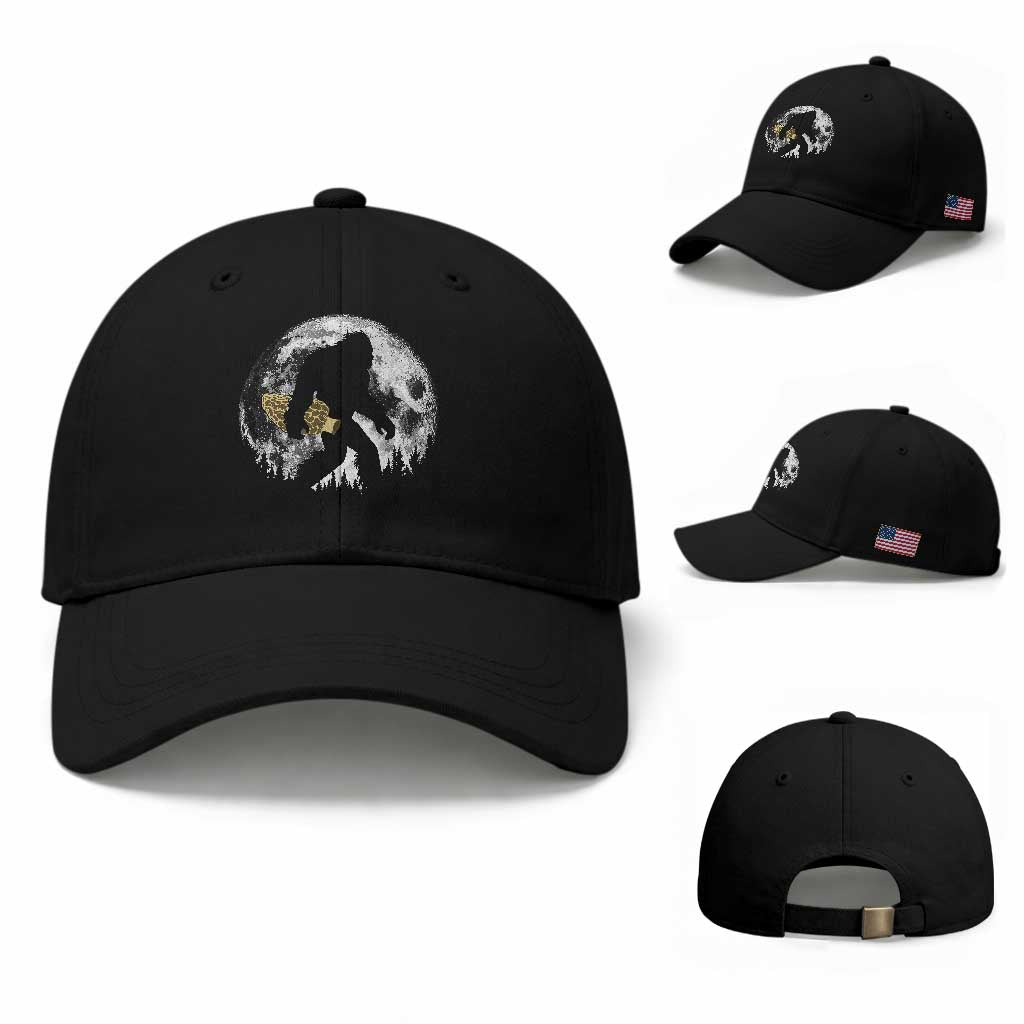 Bigfoot with Morel Mushroom Baseball Cap Sasquatch Fungi Full Moon Silhouette Graphic