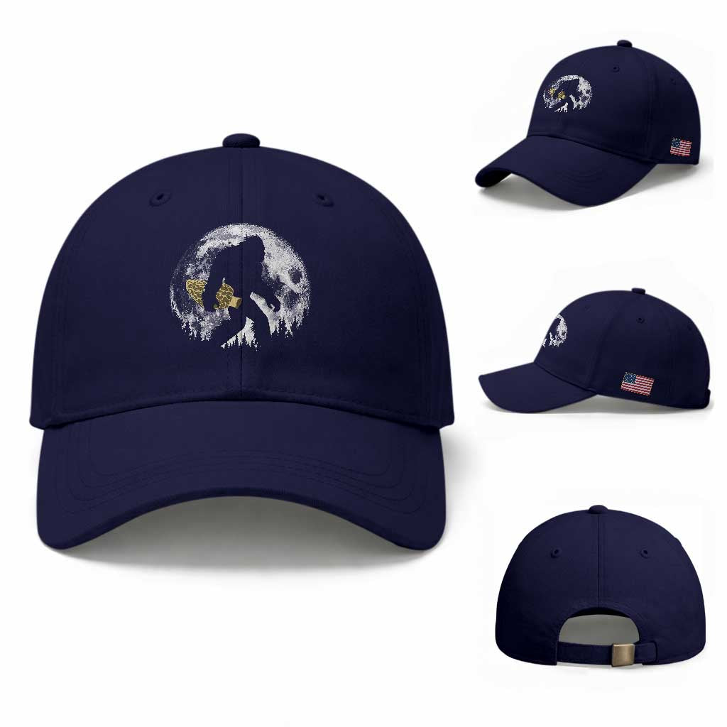 Bigfoot with Morel Mushroom Baseball Cap Sasquatch Fungi Full Moon Silhouette Graphic