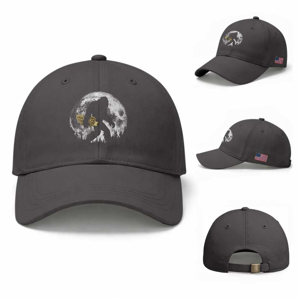 Bigfoot with Morel Mushroom Baseball Cap Sasquatch Fungi Full Moon Silhouette Graphic