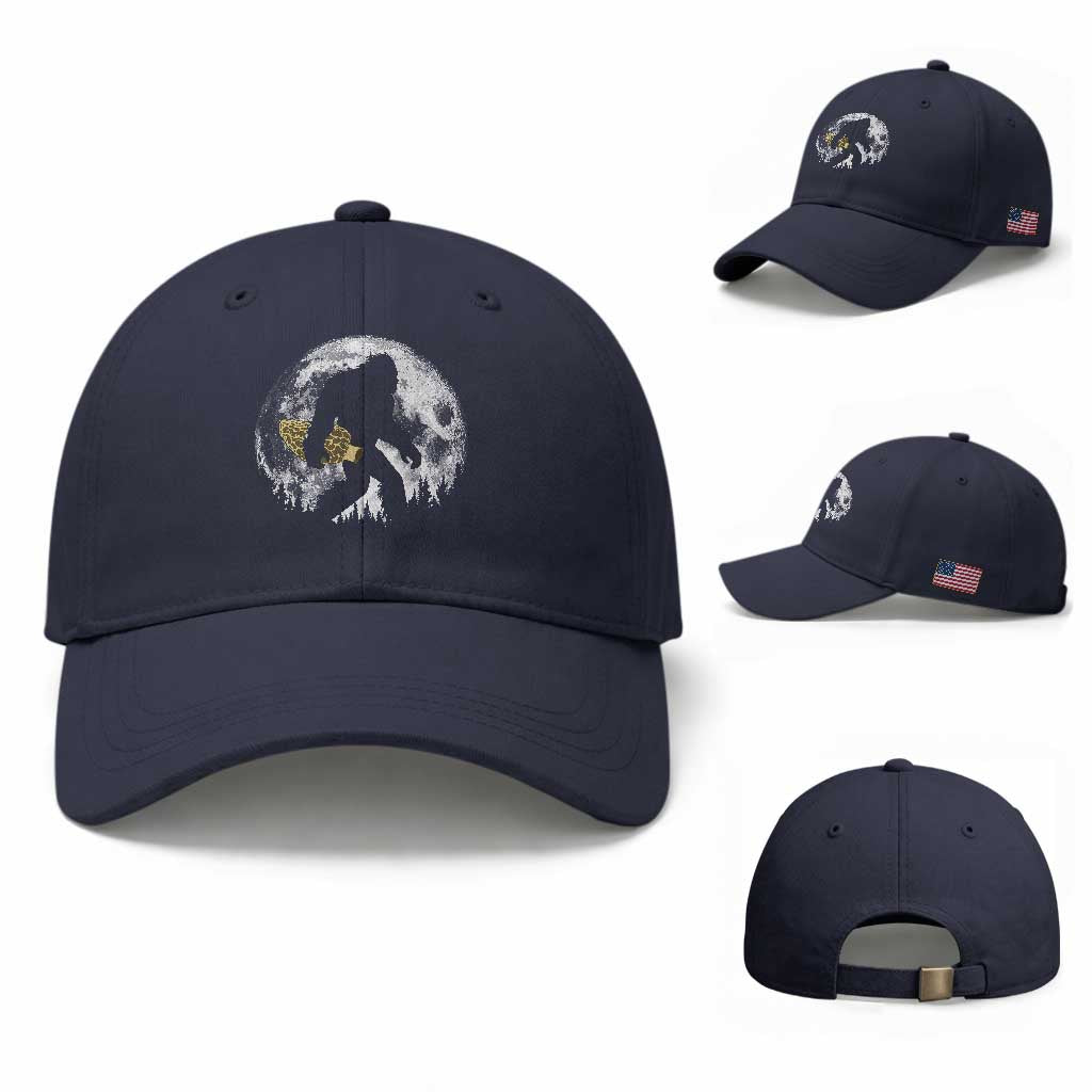 Bigfoot with Morel Mushroom Baseball Cap Sasquatch Fungi Full Moon Silhouette Graphic
