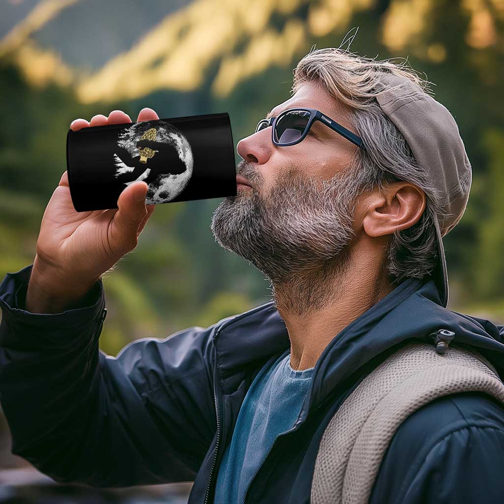 Bigfoot with Morel Mushroom 4 in 1 Can Cooler Tumbler Sasquatch Fungi Full Moon Silhouette Graphic